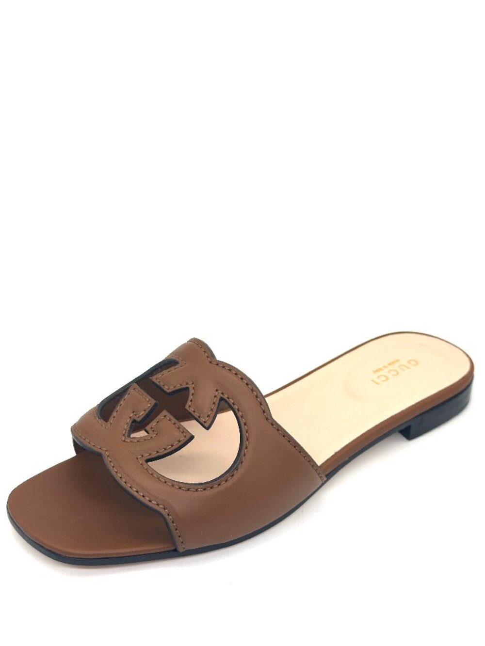 Gucci Interlocking GG Monogram Cutout Flat Slide Sandals Mules Shoes Brown